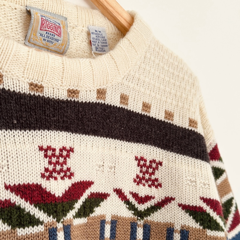 Vintage Aztec Crew knit Sweater - multi-coloured on cream - M - oversized - Picture 6 of 6